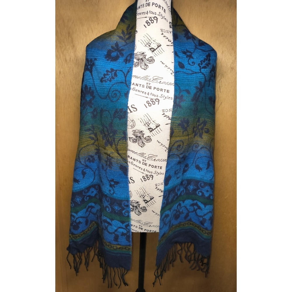 Cashmink by V Fraas Scarf Made In Germany Fringe Blue Multi Floral Print Acrylic